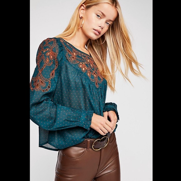 Free People Everything I Know Teal Cutwork Top - Picture 1 of 13